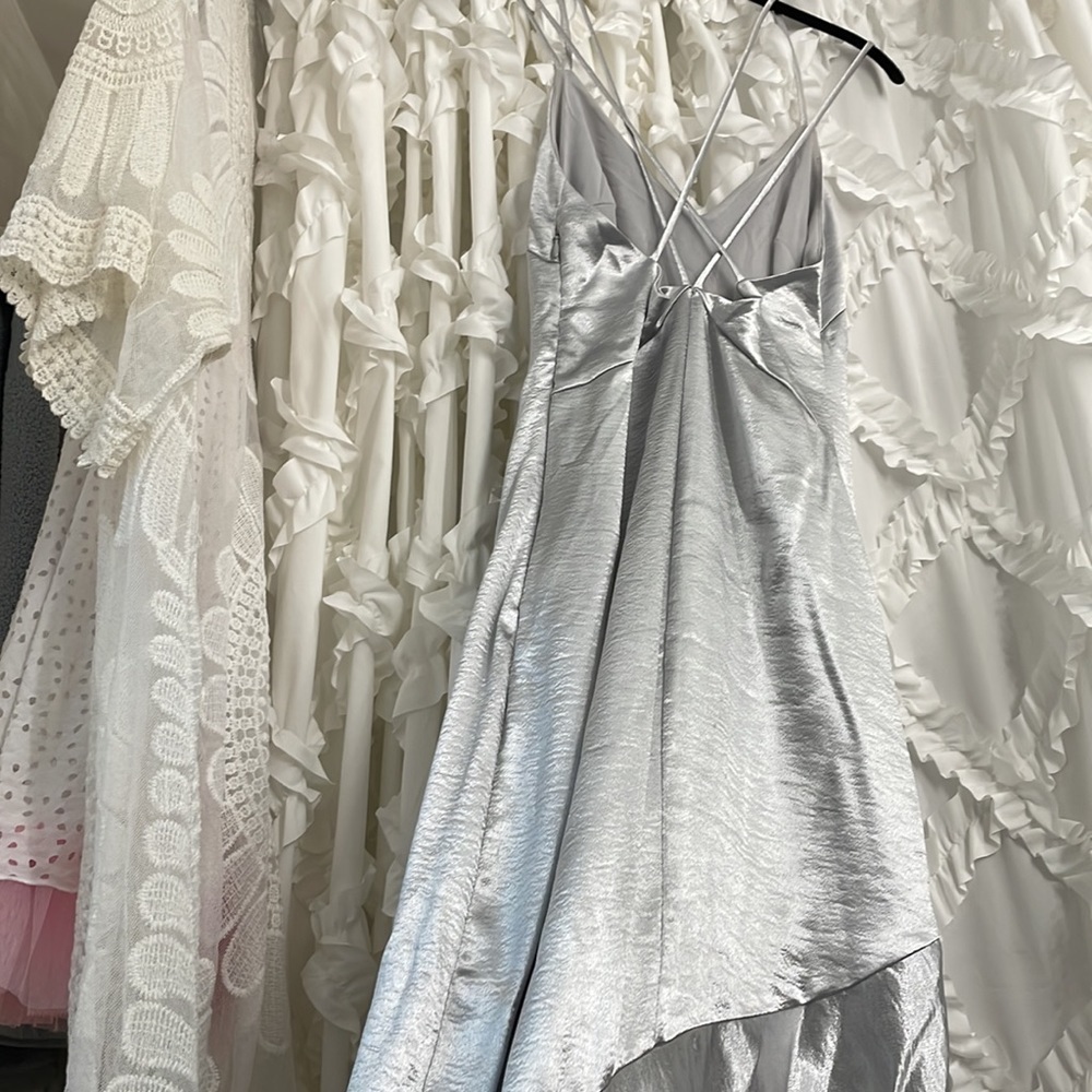 56 long satin silver metallic dress cross event back gown runway homecoming prom